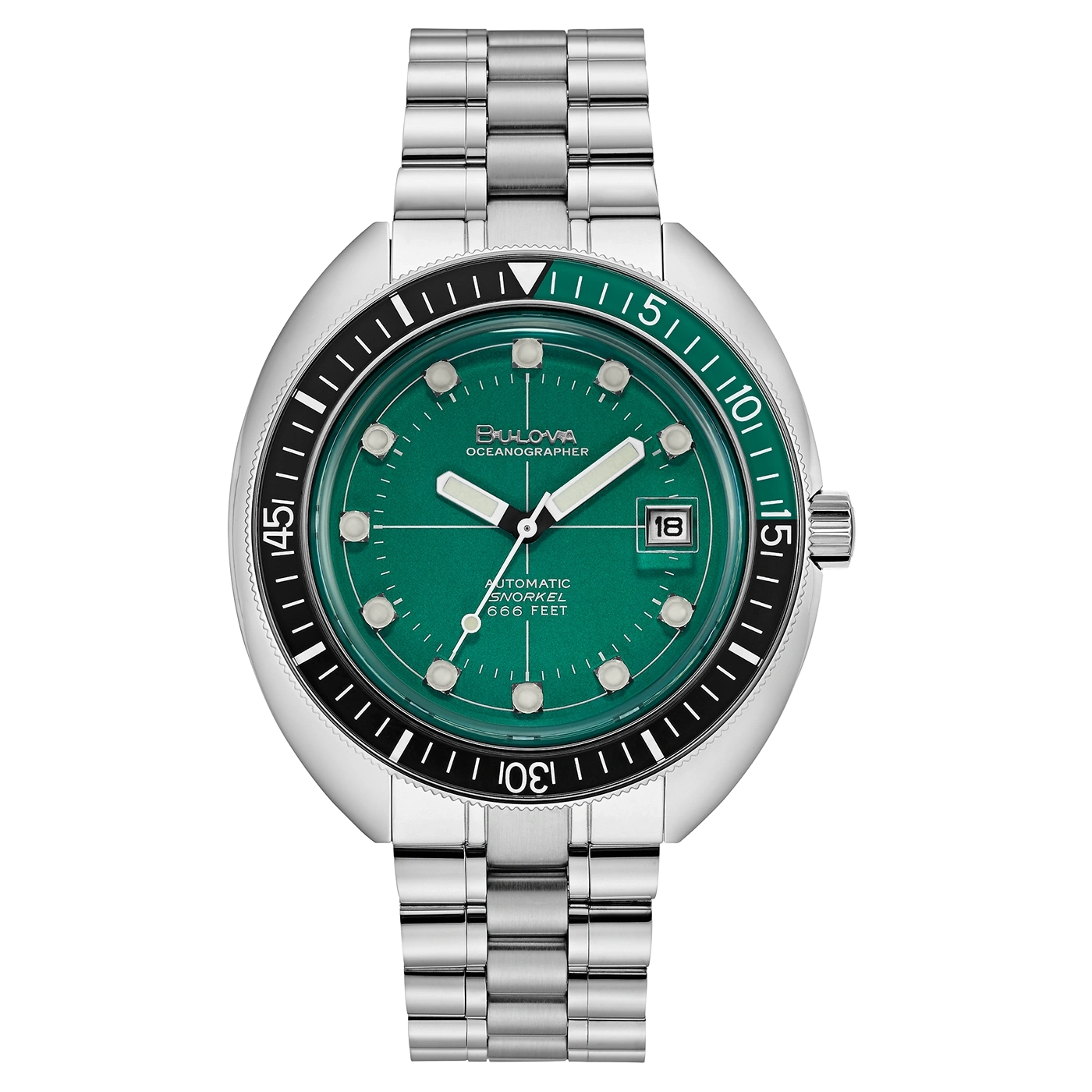 Bulova Oceanographer horloge, groen, datum, automatisch, roestvrijstalen band, duikershorloge.