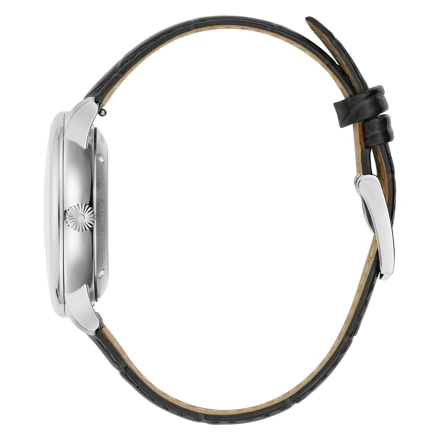 Zijaanzicht van een horloge met zwart leren bandje, zilveren kast, elegant ontwerp