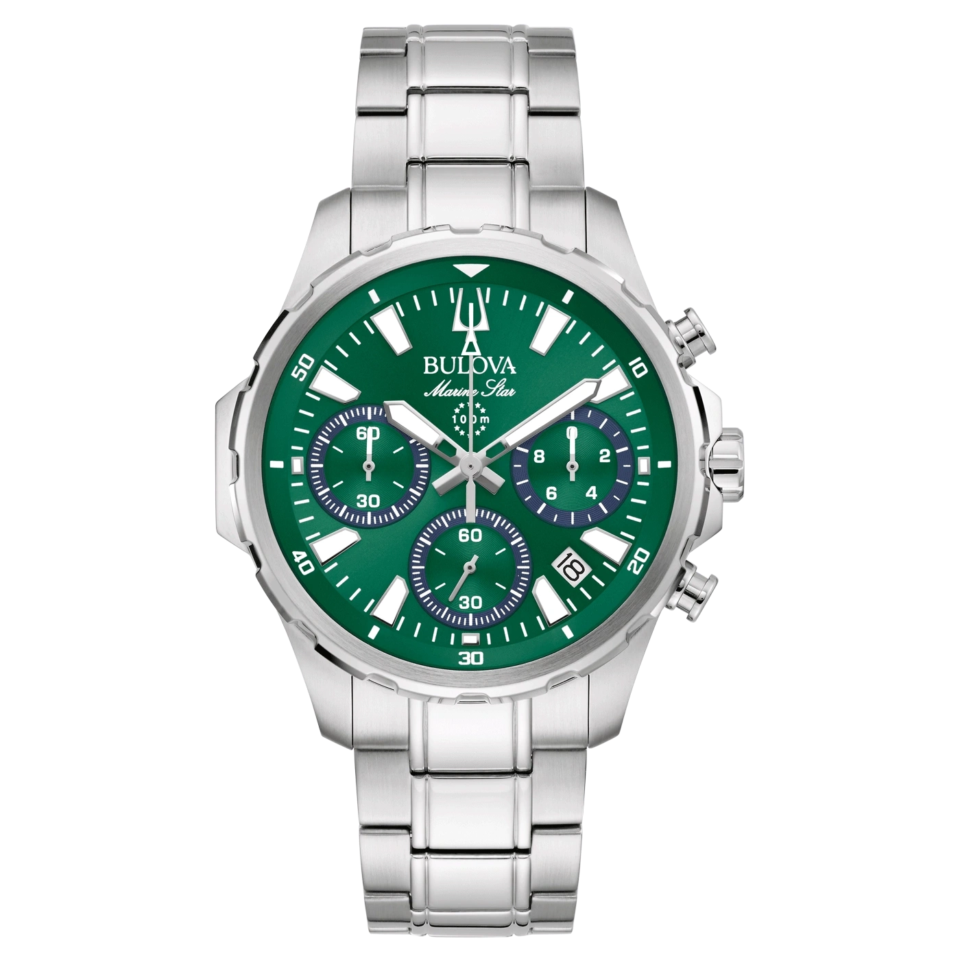 Bulova Marine Star horloge, groen, zilveren band, chronograaf, 100m waterdicht, datumweergave.