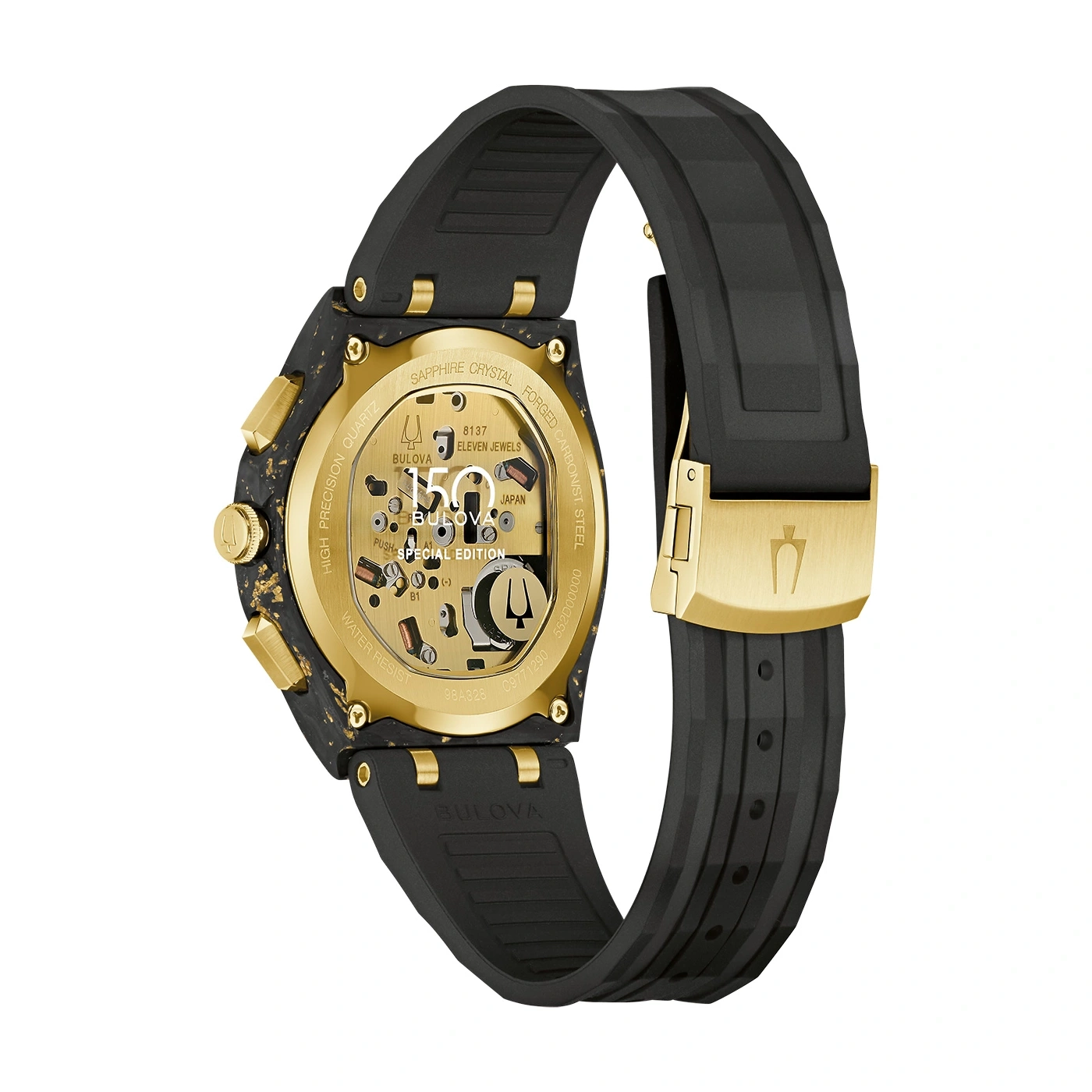 Bulova horloge, zwart en goud, detail, precisie quartz, saffier kristal, speciale editie.