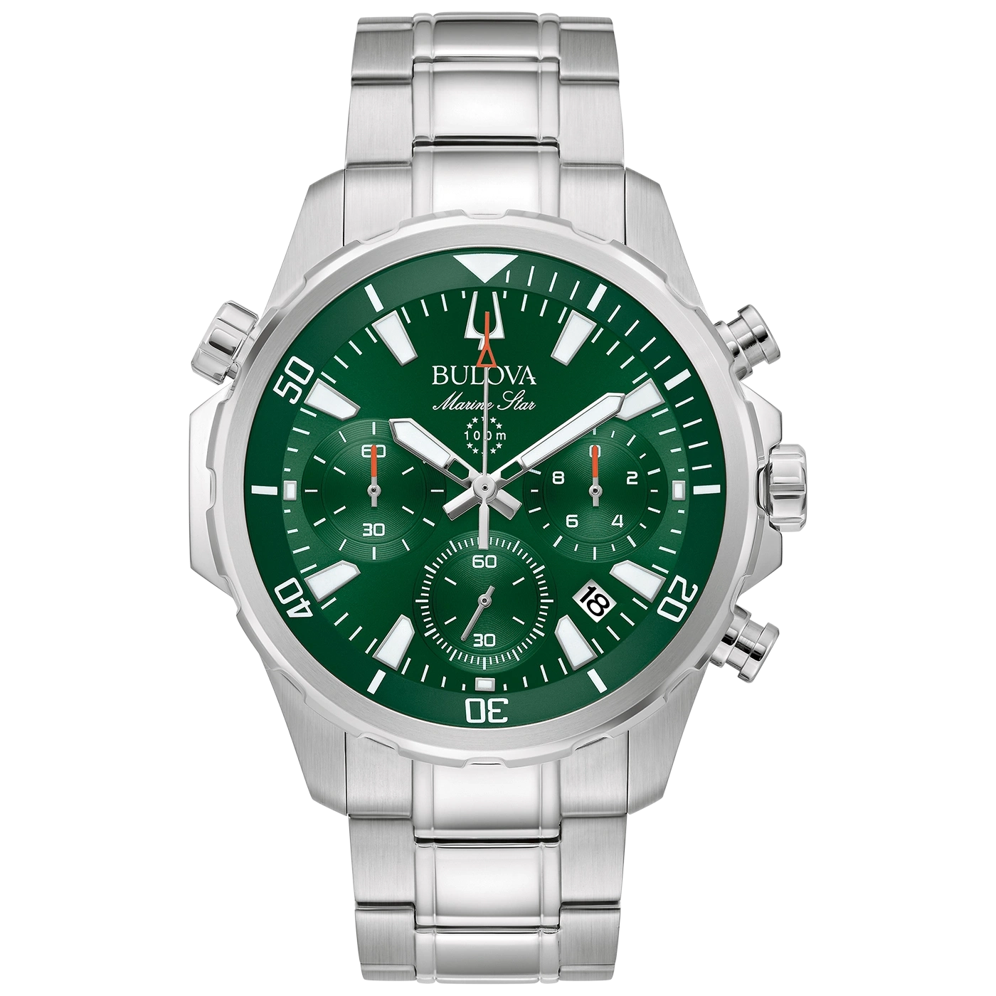 Bulova Marine Star horloge, groen, zilveren band, chronograaf, 100m waterdicht, datum