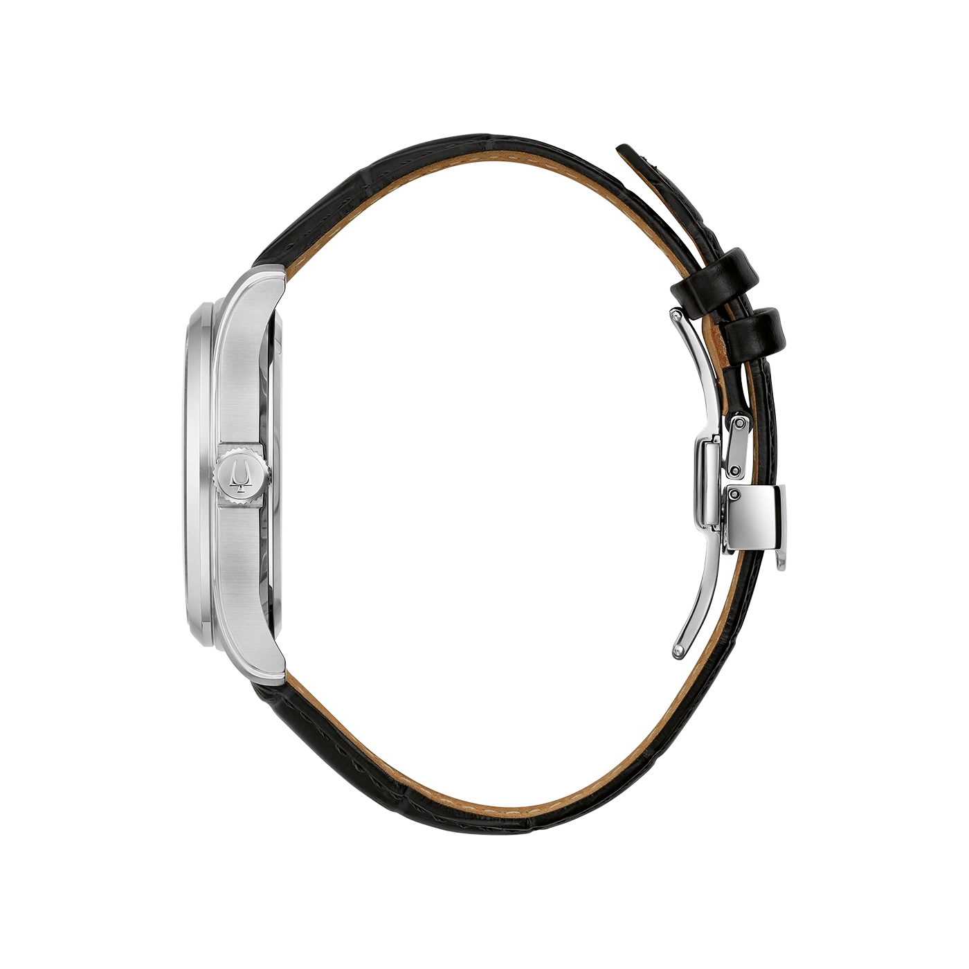 Horloge met leren band, zilveren kast en zwarte achtergrond, zijaanzicht