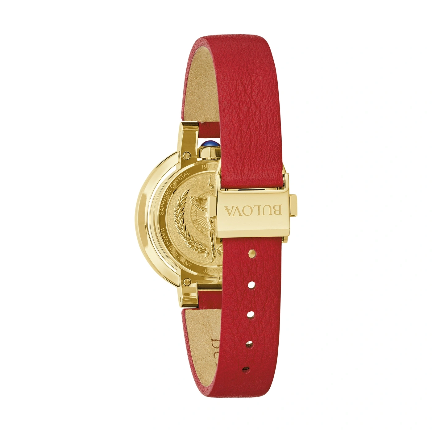 Rode horlogeband met gouden kast, close-up, detailopname, Bulova-logo