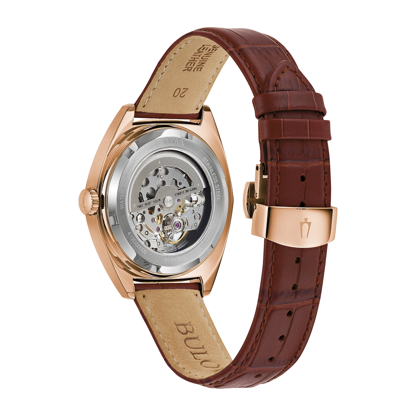 Bulova horloge, bruine leren band, roségouden kast, skelet wijzerplaat, roestvrij staal