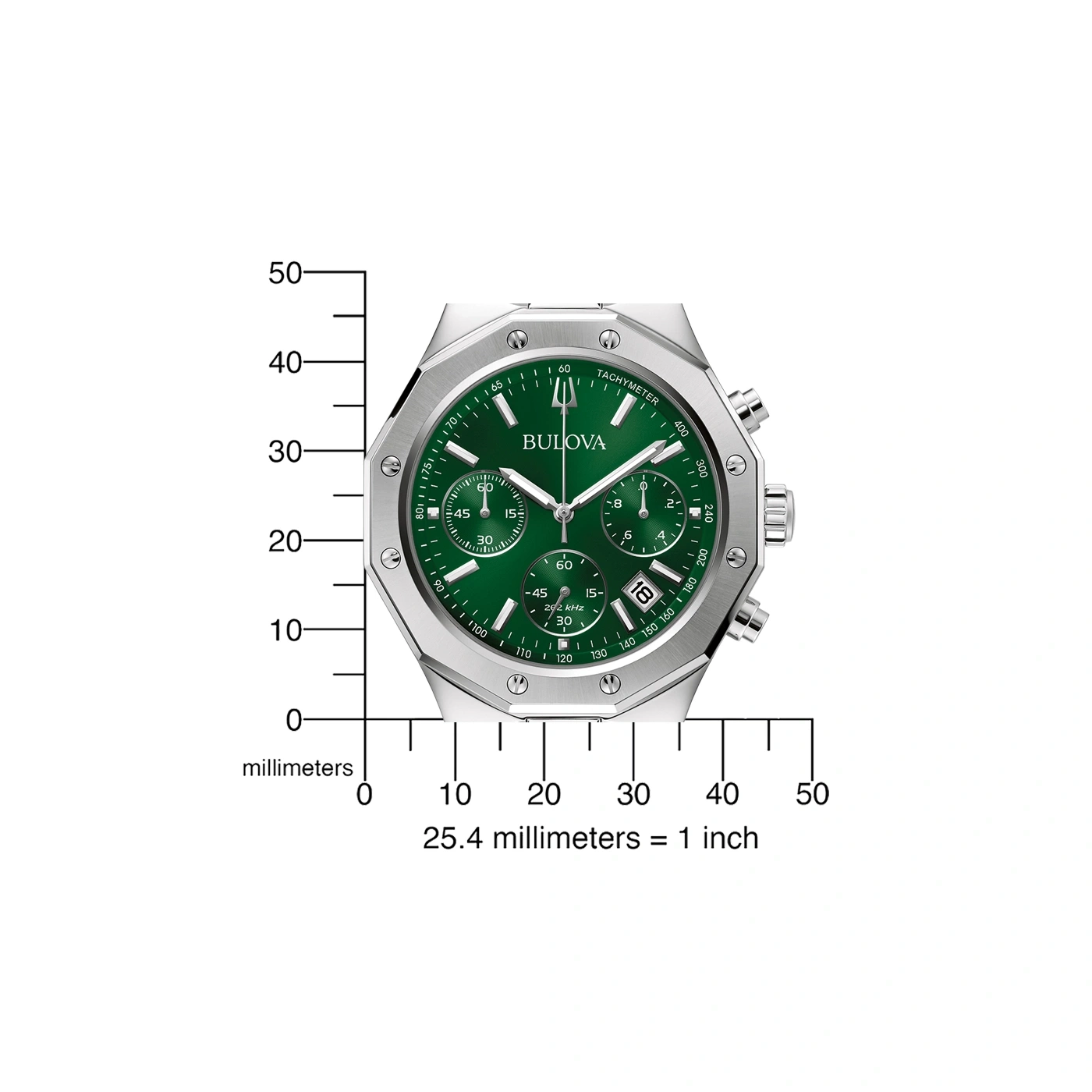 Bulova horloge met groene wijzerplaat en tachymeter, roestvrijstalen behuizing.