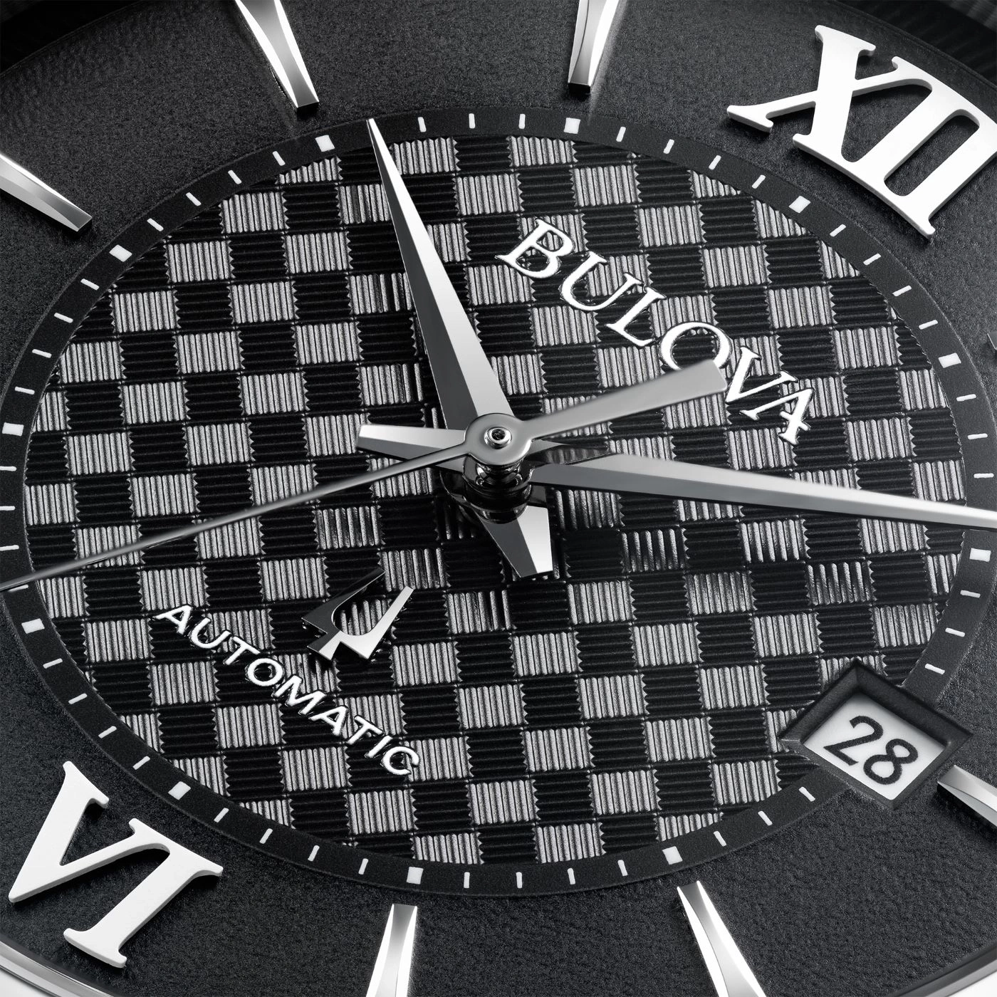 Bulova horloge, zwart wijzerplaat, dambordpatroon, Romeinse cijfers, datum 28, automatisch
