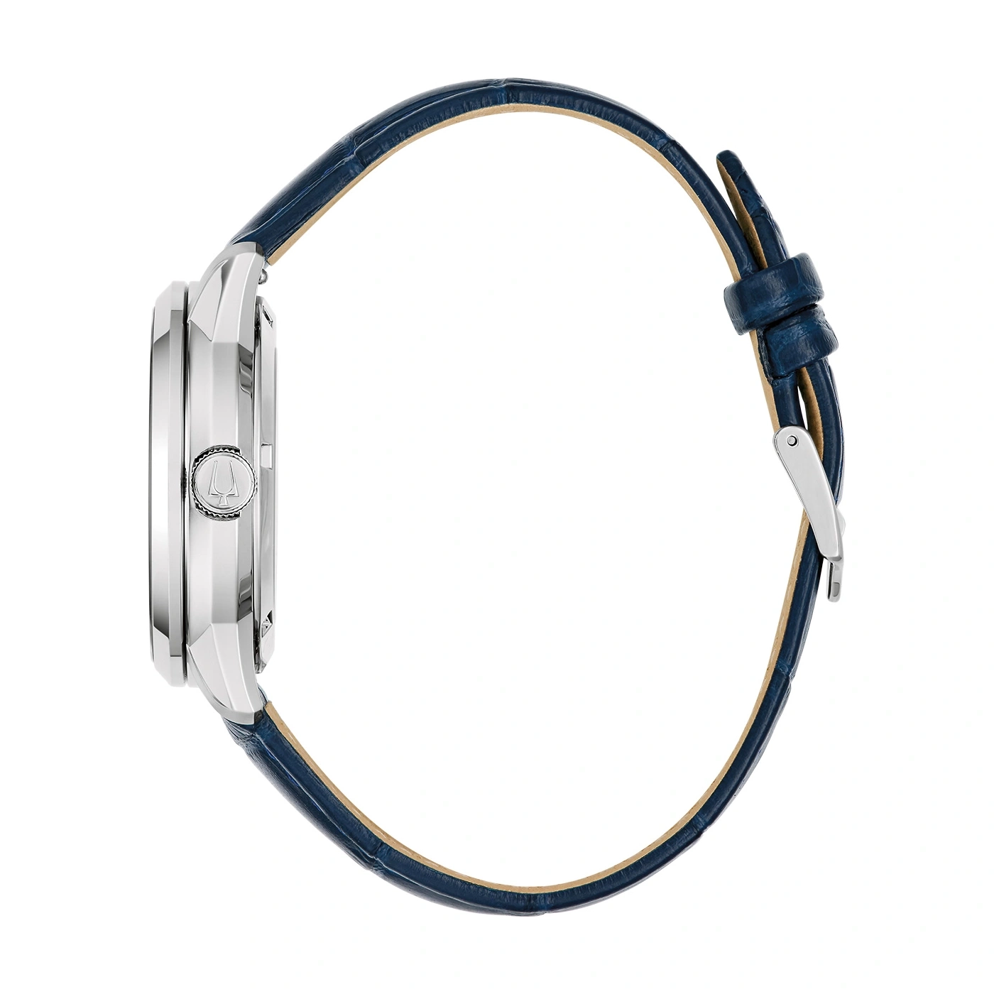 Blauw horloge met leren band, zijaanzicht, detailopname, elegant ontwerp