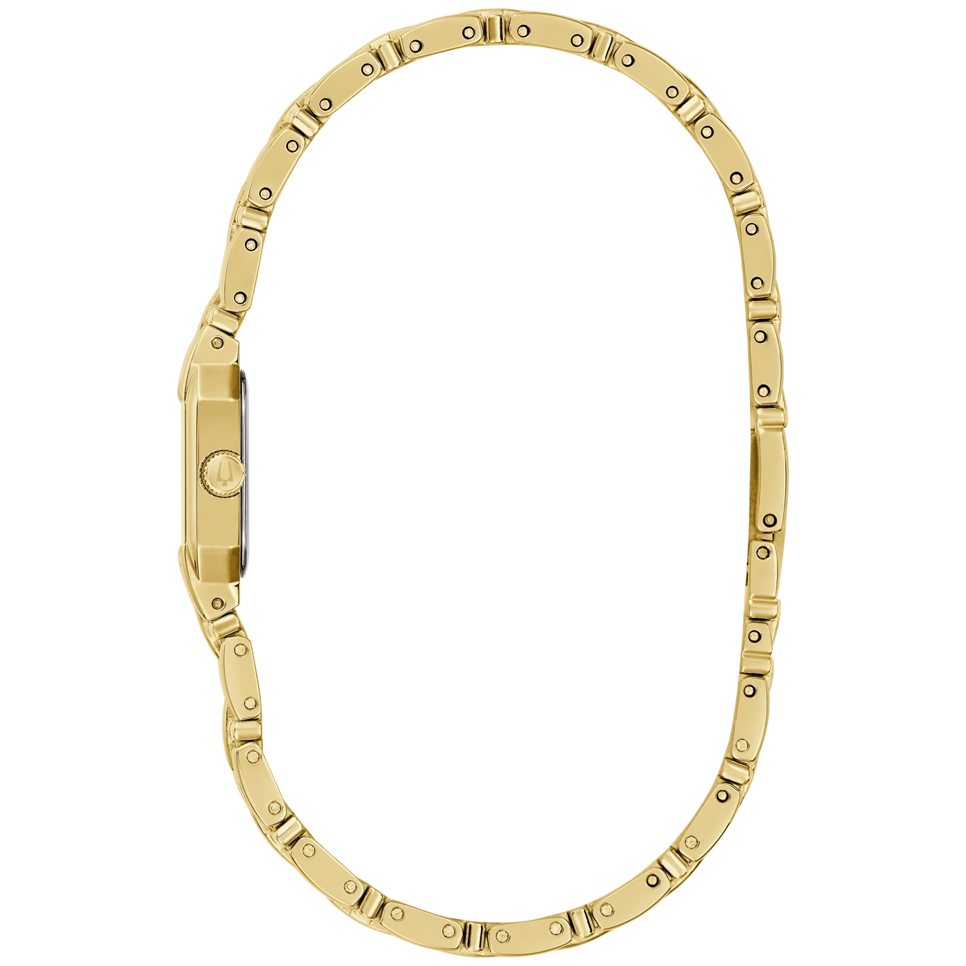 Gouden dameshorloge met rechthoekige kast en schakelband.