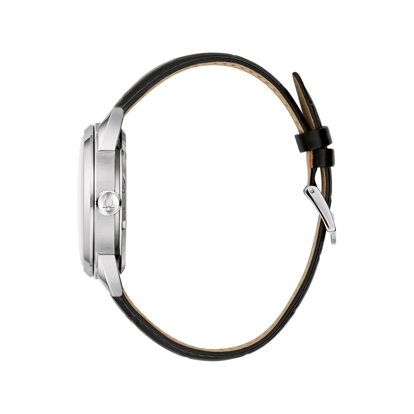 Horloge met zwart lederen band, zijaanzicht, zilveren kast, elegant ontwerp en stijlvol.