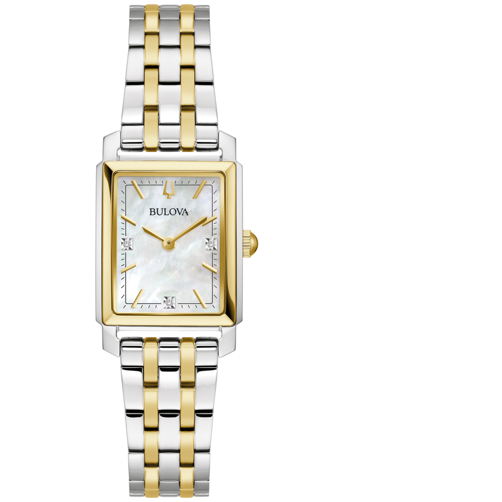 Bulova dameshorloge, rechthoekige wijzerplaat, goudkleurig, zilverkleurige band, sieraden