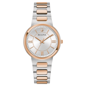 Bulova dameshorloge, zilveren wijzerplaat, roségouden accenten, roestvrijstalen band.