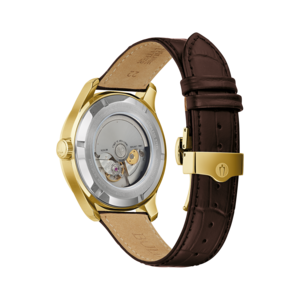 Gouden horloge met bruine leren band, transparante wijzerplaat en details.