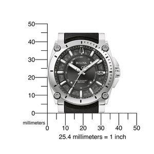 Horloge met meetschaal, toont de grootte in millimeters en inches.