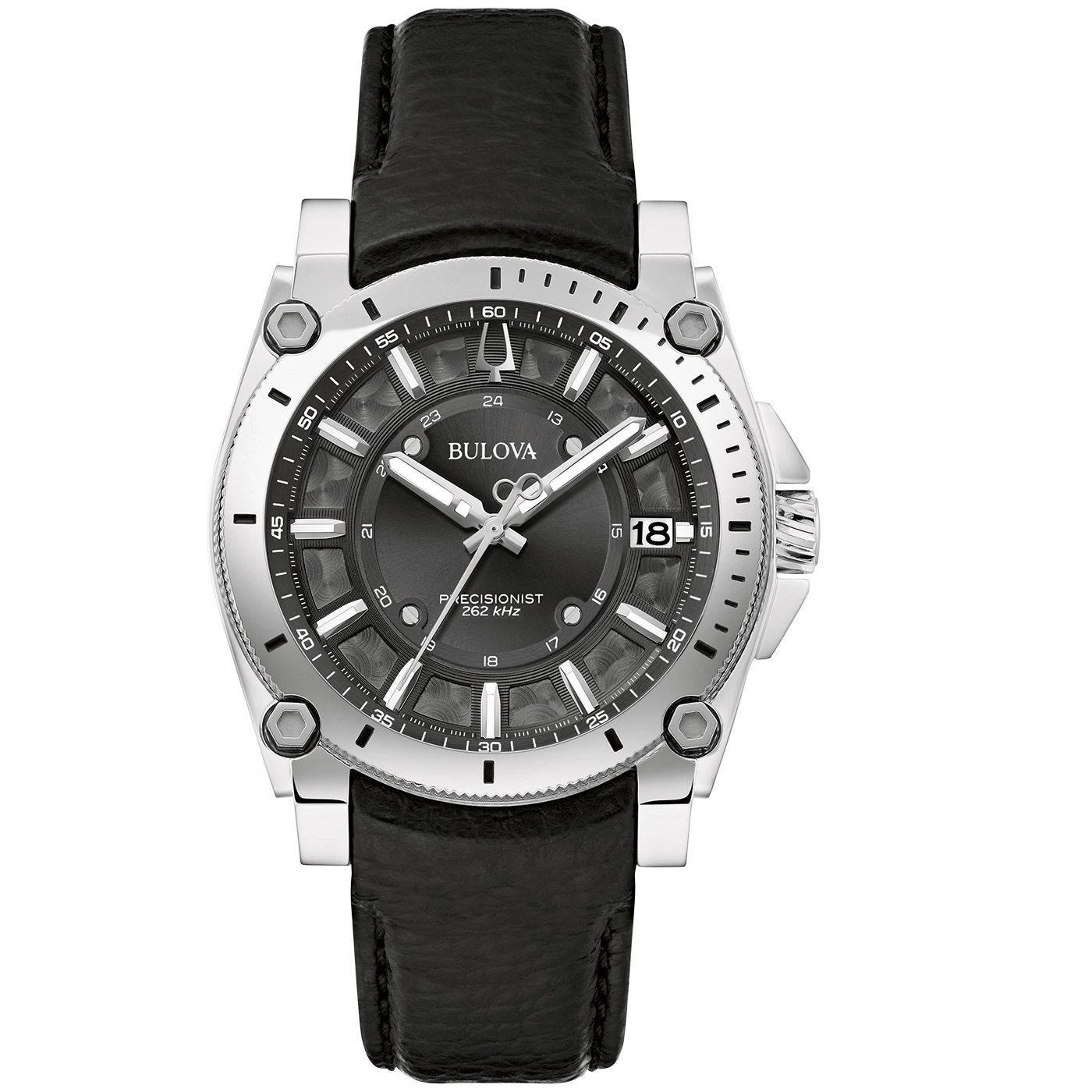 Bulova Precisionist horloge met zwart lederen band en datumweergave
