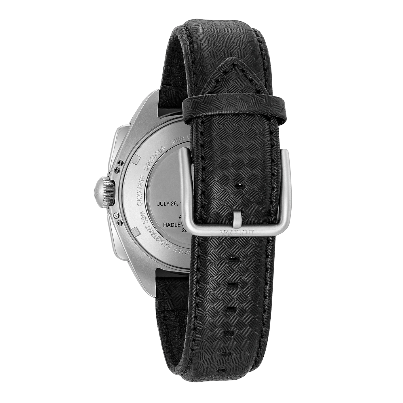 Zwarte horloge met leren band en zilveren gesp, close-up detail