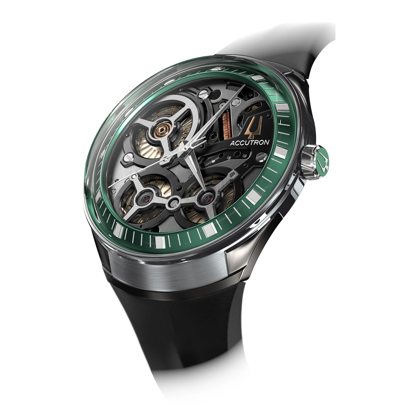 Horloge met groene rand en zwarte band, Accutron-logo, close-up detail