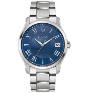 Bulova horloge met blauwe wijzerplaat en Romeinse cijfers, roestvrijstalen band