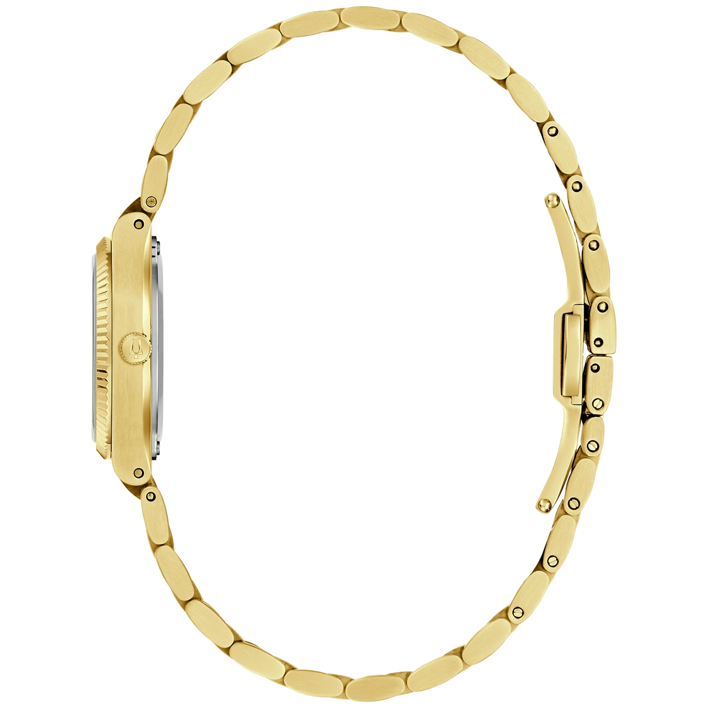 Een gouden dameshorloge met een schakelband, van de zijkant bekeken.