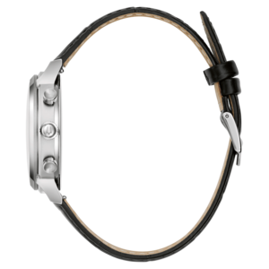 Horloge met zwart lederen band, zijaanzicht, zilveren kast, elegant ontwerp