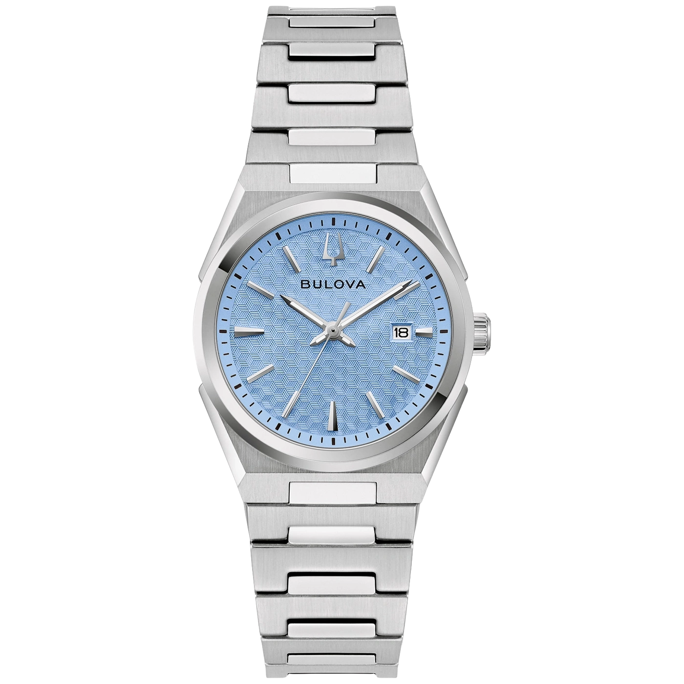 Een zilveren Bulova horloge met een blauwe wijzerplaat en datumaanduiding.