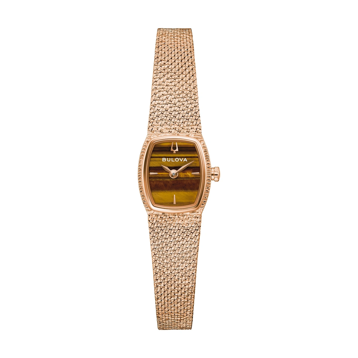 Bulova dameshorloge, roségouden band, tijgeroog wijzerplaat, elegant design, sieraden