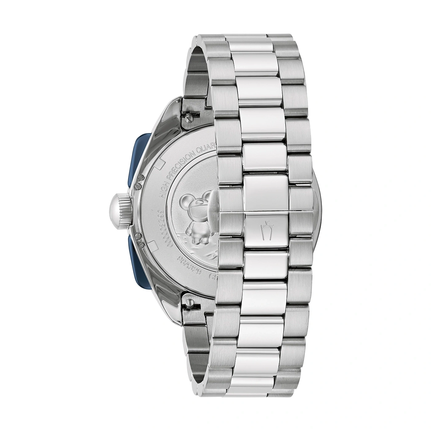 Horloge met metalen band, detailopname, achterkant, zilver, blauw, Mickey Mouse