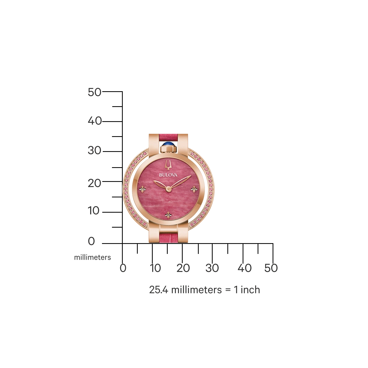 Horloge met roze wijzerplaat, roze band en roségouden kast, met meetschaal.