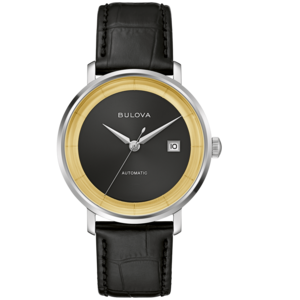Bulova horloge met zwarte wijzerplaat en gouden rand, leren bandje