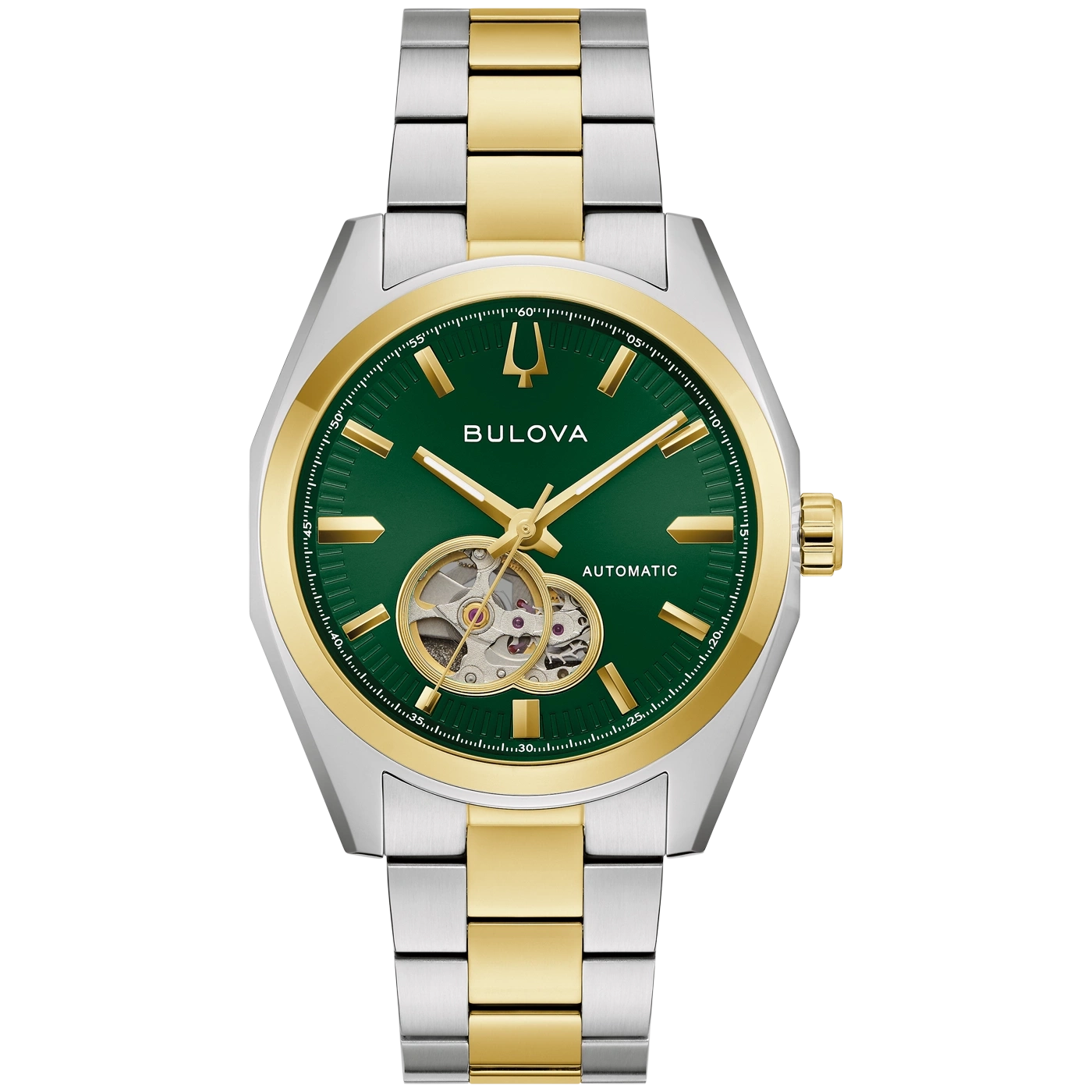 Een tweekleurig Bulova automatisch herenhorloge met groene wijzerplaat