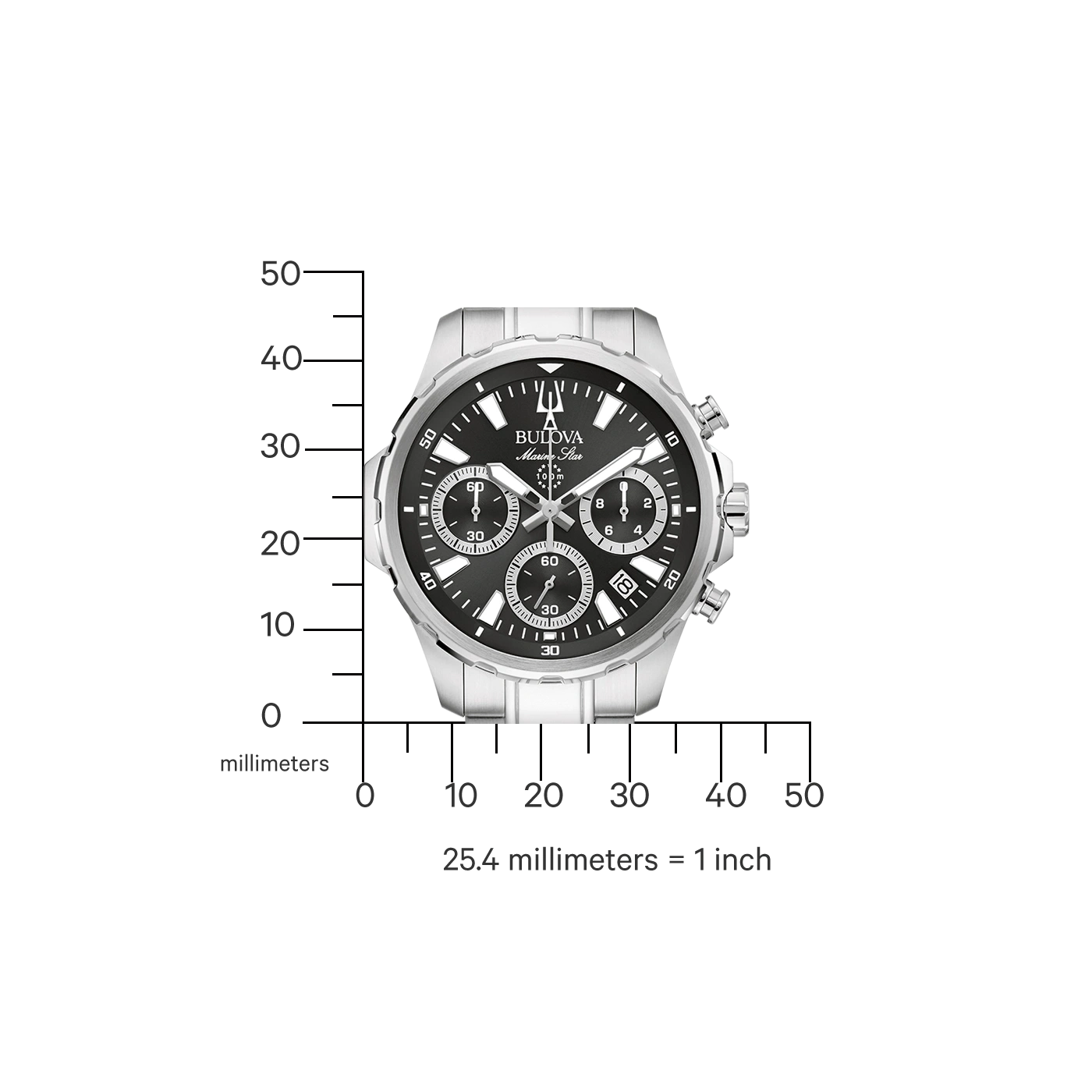 Bulova Marine Star horloge, zwart, zilver, chronograaf, millimeters, 25,4 mm = 1 inch.
