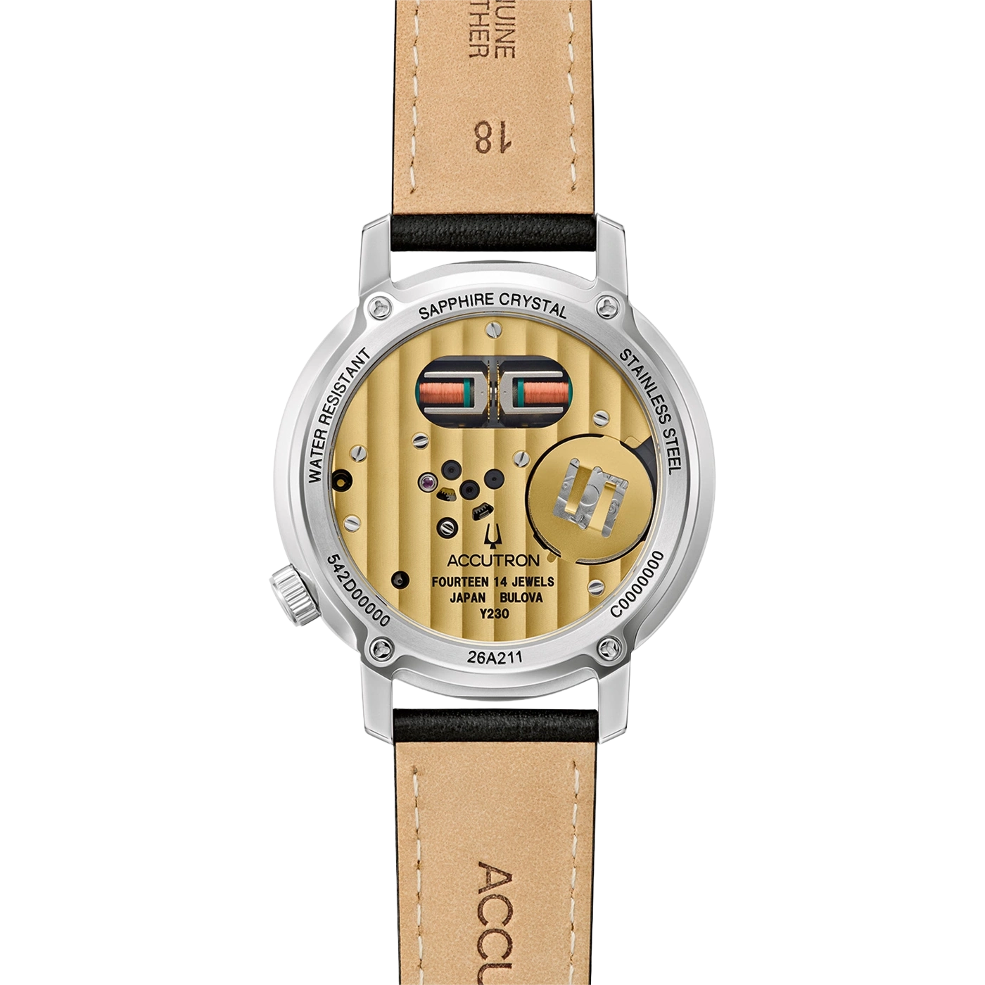 Achterkant van een gouden Bulova Accutron horloge met leren band