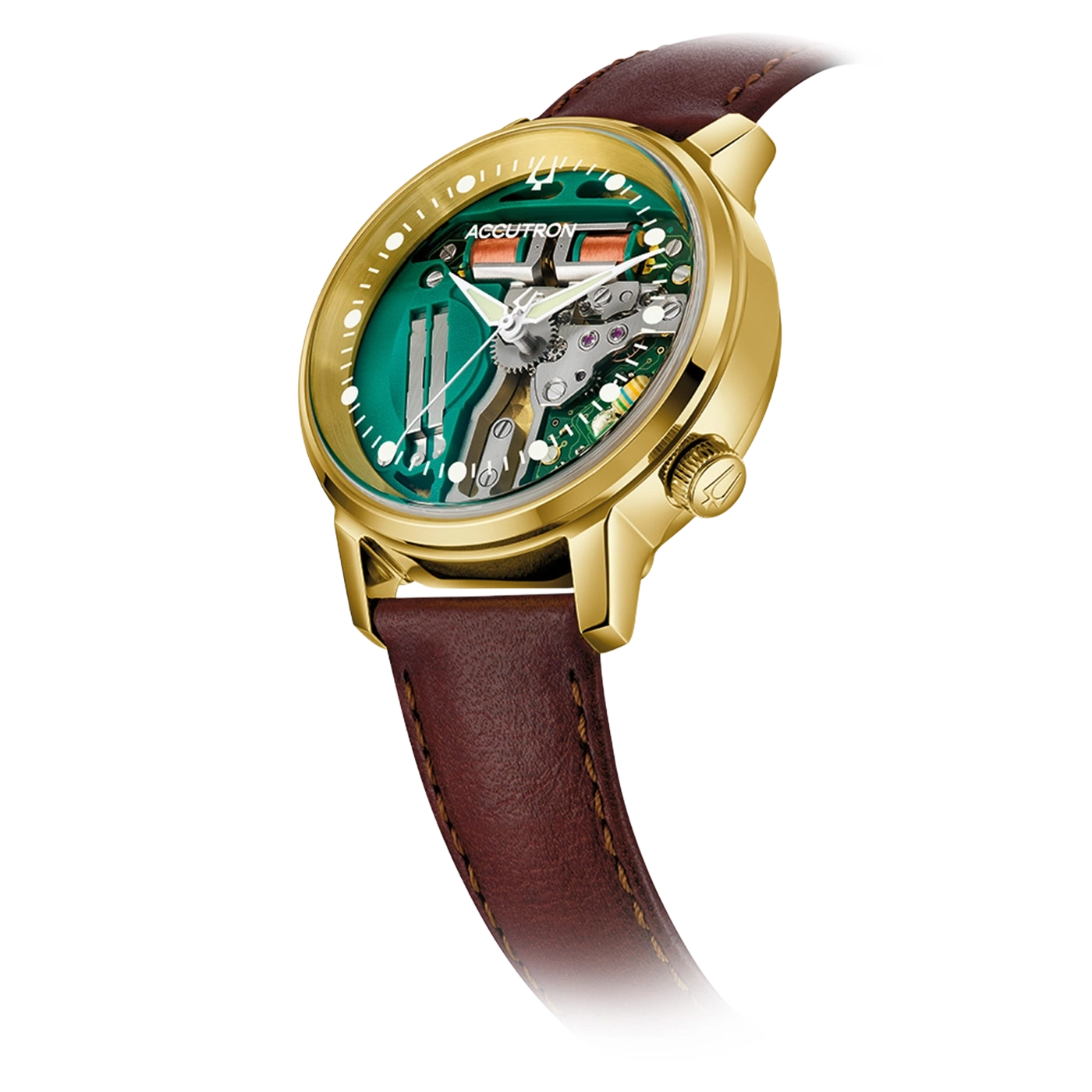 Gouden Accutron horloge met bruine leren band en zichtbaar uurwerk.