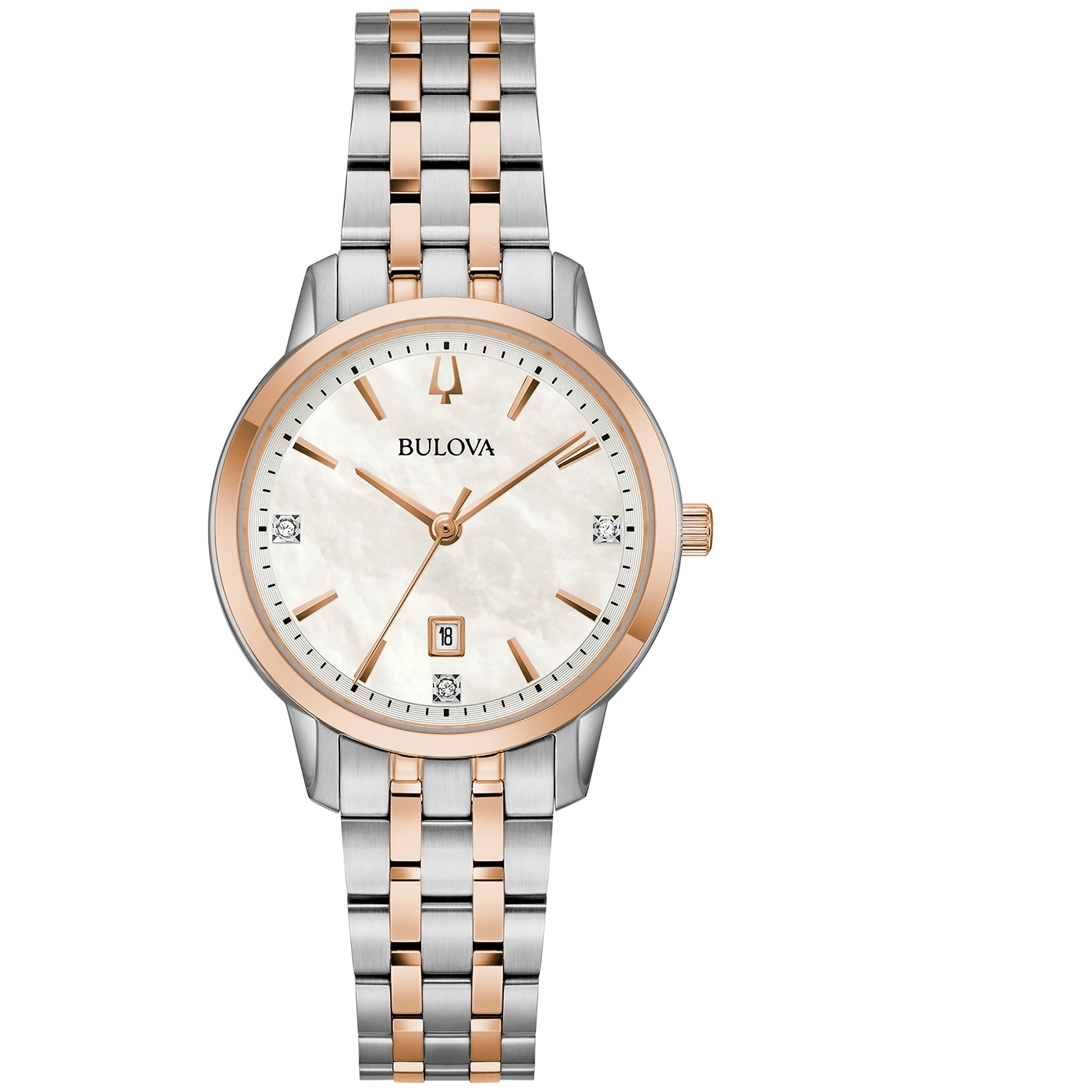 Bulova dameshorloge, zilverkleurige kast, roségouden accenten, parelmoer wijzerplaat, datum