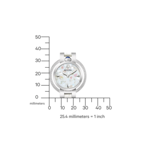 Horloge met diamanten, parelmoer wijzerplaat, Bulova logo, millimeterschaal, 25,4 mm = 1 inch.