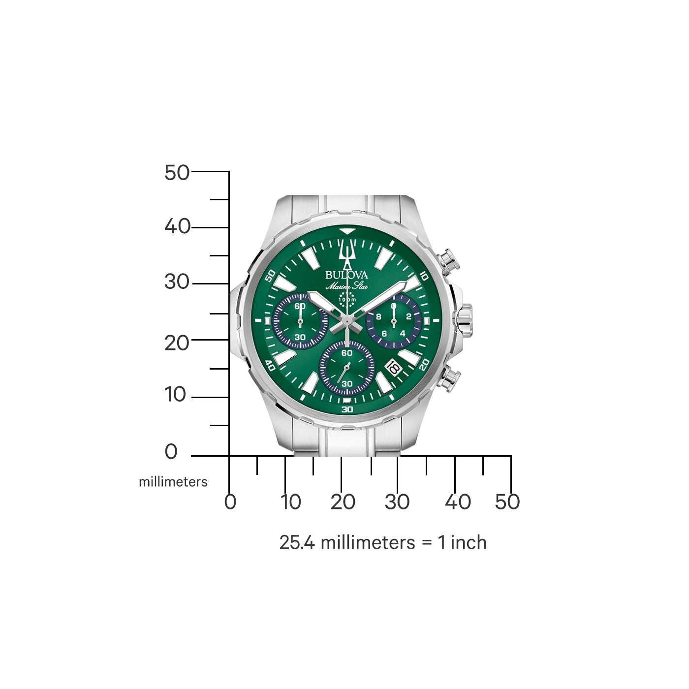 Bulova Marine Star horloge, groen, zilver, chronograaf, millimeter, 25,4 mm = 1 inch.