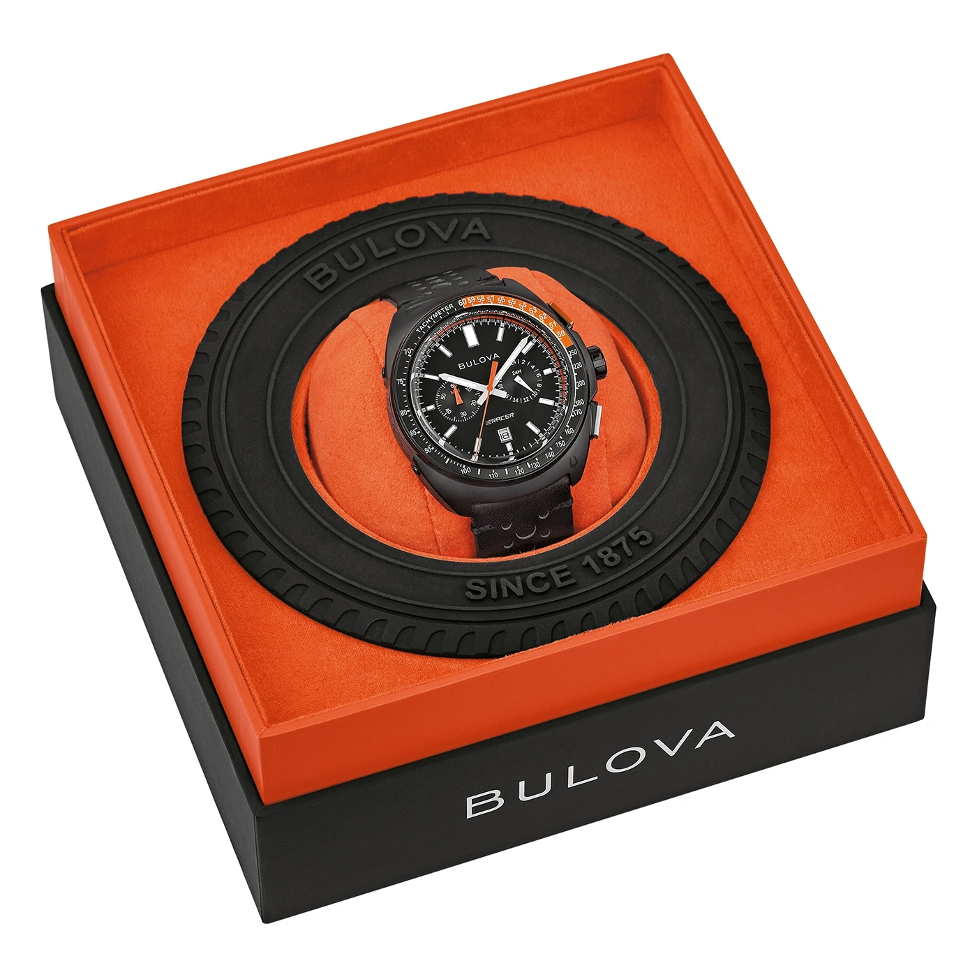 Bulova horloge in doos, zwart en oranje, met tachymeter functie en 'Racer'.