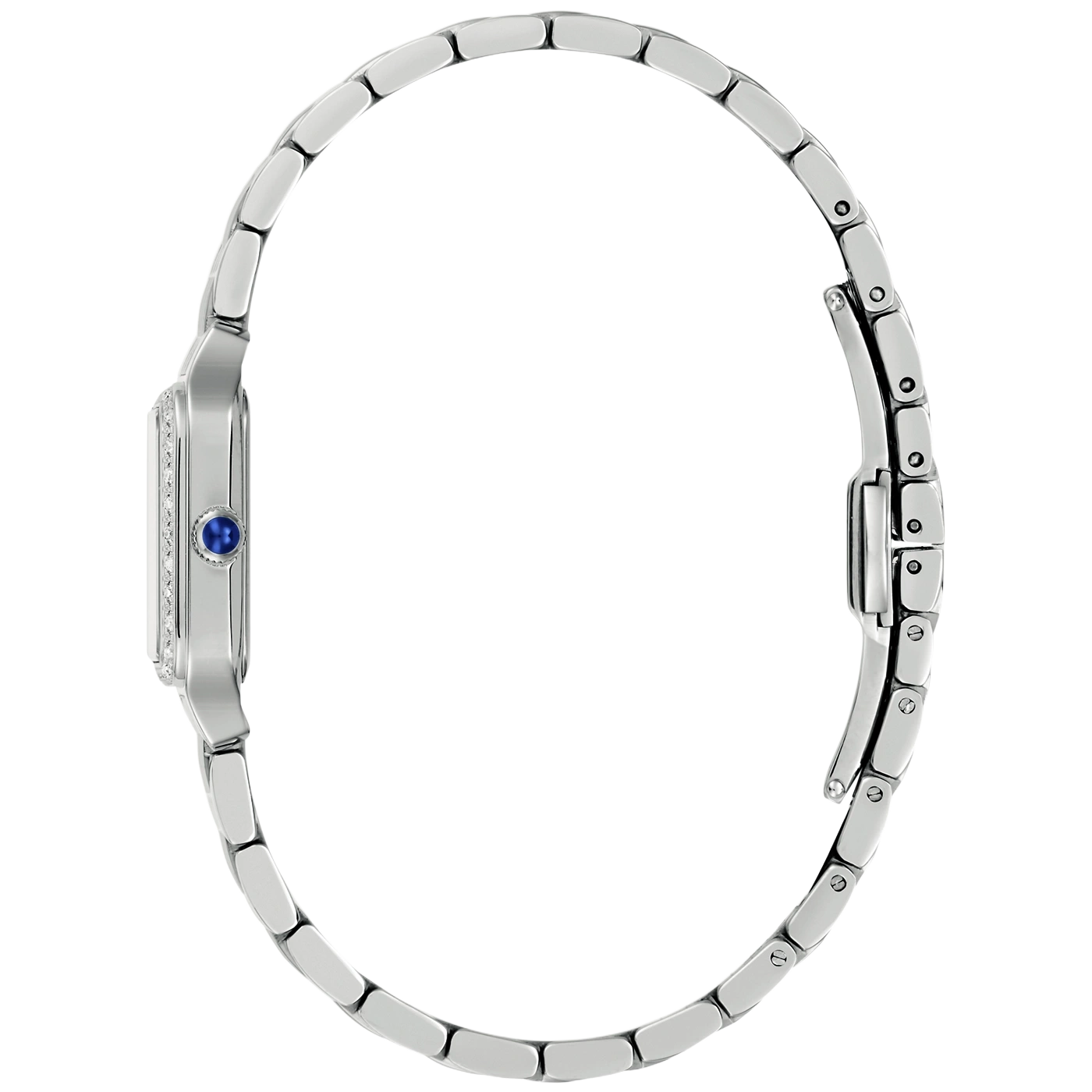 Een zilveren dameshorloge met diamanten en een blauwe steen.