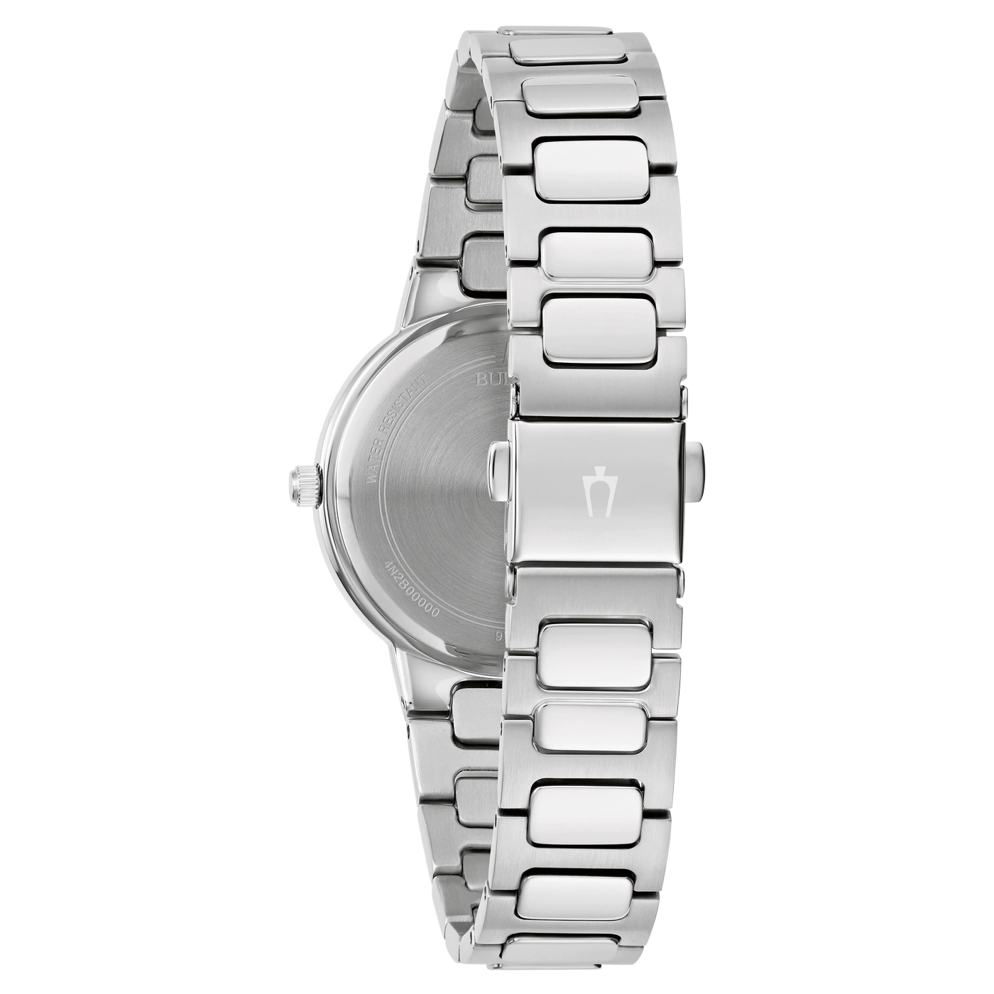 Horloge, roestvrijstalen band, zilver, achterkant, waterdicht, Bulova, 4N2800000, detail