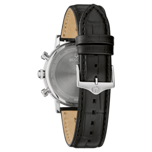 Zwarte horloge met leren band en zilveren gesp, close-up