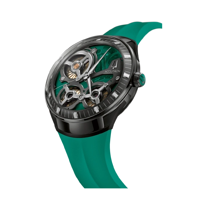 Zwarte horloge met groene wijzerplaat en band, merk Accutron.