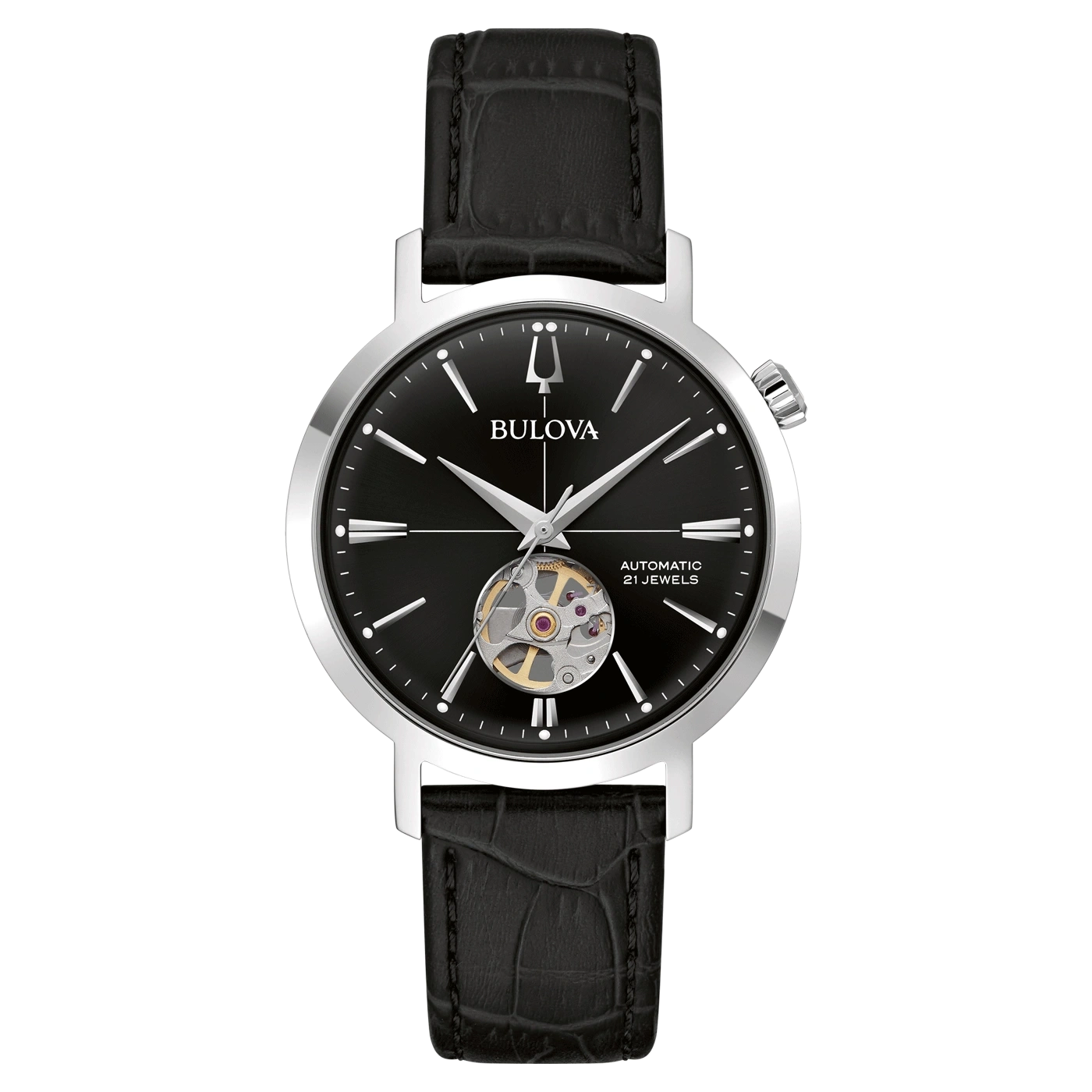 Bulova horloge met zwarte wijzerplaat en leren band, automatisch, 21 juwelen