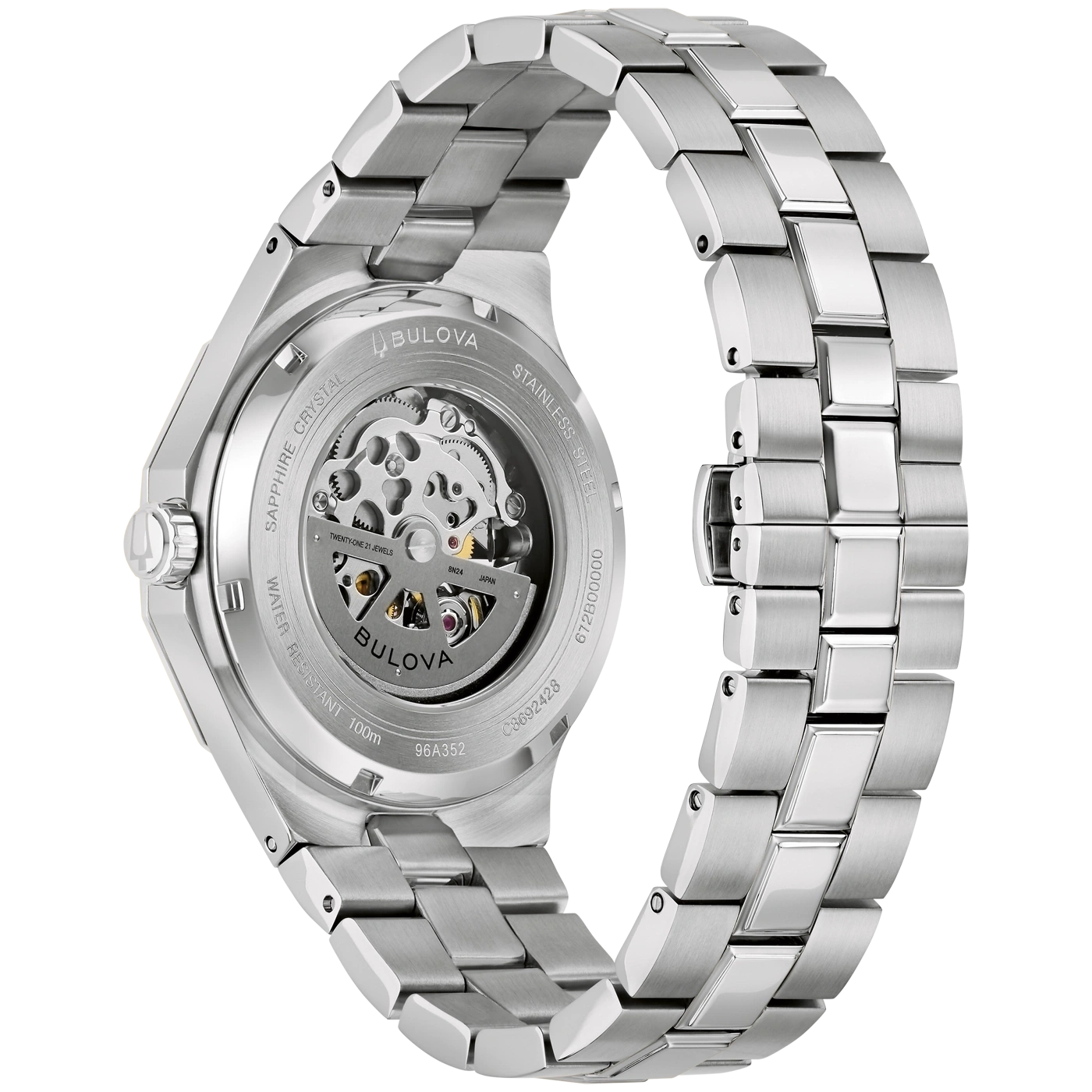 Achterkant van een zilverkleurig Bulova horloge
met zichtbaar uurwerk en roestvrijstalen band.