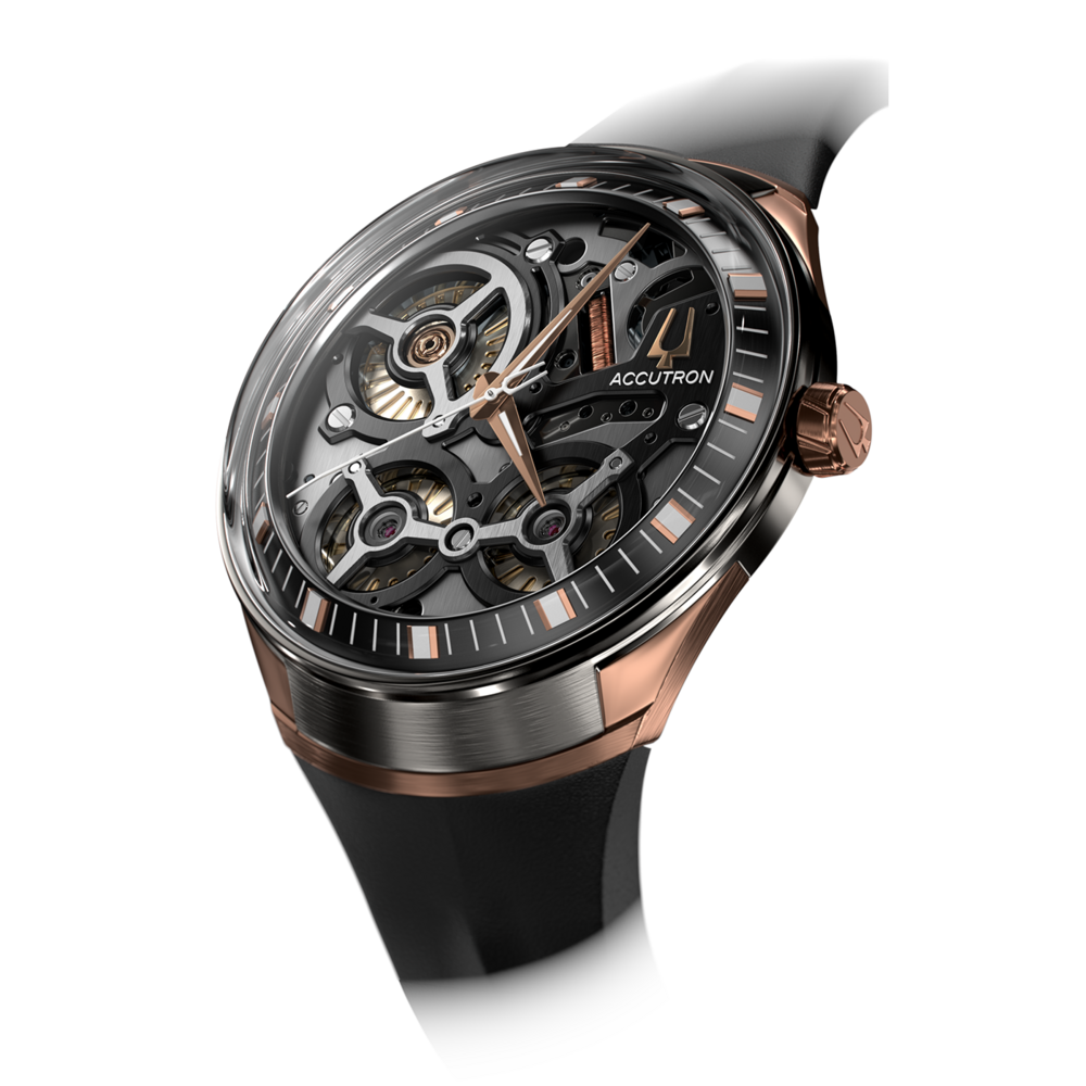 Horloge met skeletwijzerplaat en roségouden accenten op zwarte band