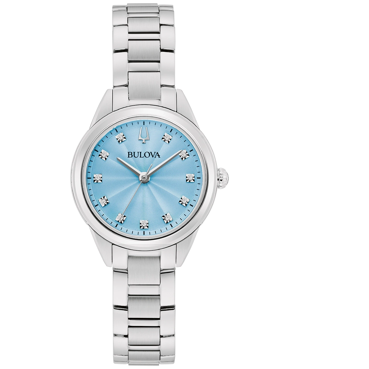 Bulova dameshorloge, lichtblauwe wijzerplaat, zilveren band, diamanten, elegant, stijlvol