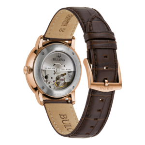 Bulova horloge met bruine leren band, saffierglas, waterdicht, 21 juwelen.