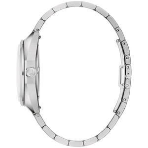 Horloge, zilveren band, zijaanzicht, ronde wijzerplaat, metaal, accessoire, mode, tijdmeting, detail, elegant