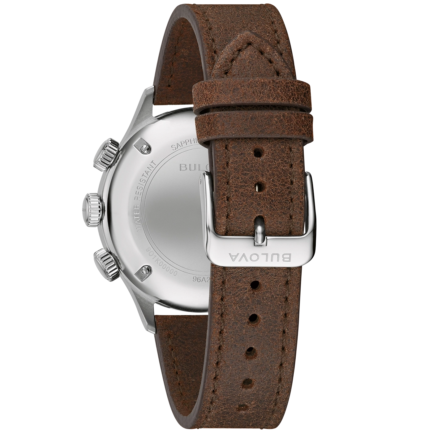 Bulova horloge met bruine leren band en zilveren gesp, close-up
