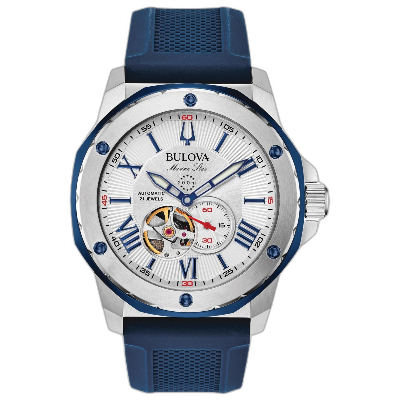 Bulova Marine Star horloge, blauwe band, zilveren wijzerplaat, automatisch uurwerk, 200m waterdicht.