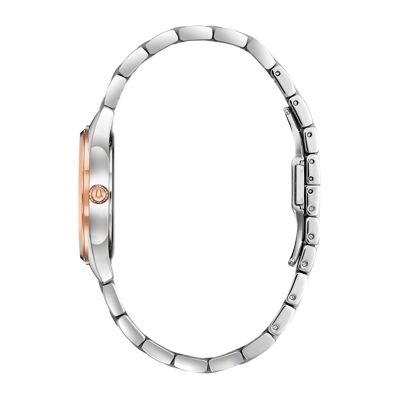 Horloge met zilveren band en roségouden wijzerplaat, zijaanzicht