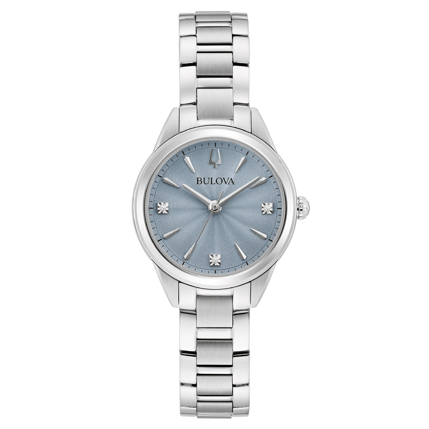 Bulova dameshorloge, zilveren band, blauwe wijzerplaat, diamanten, elegant ontwerp, accessoire